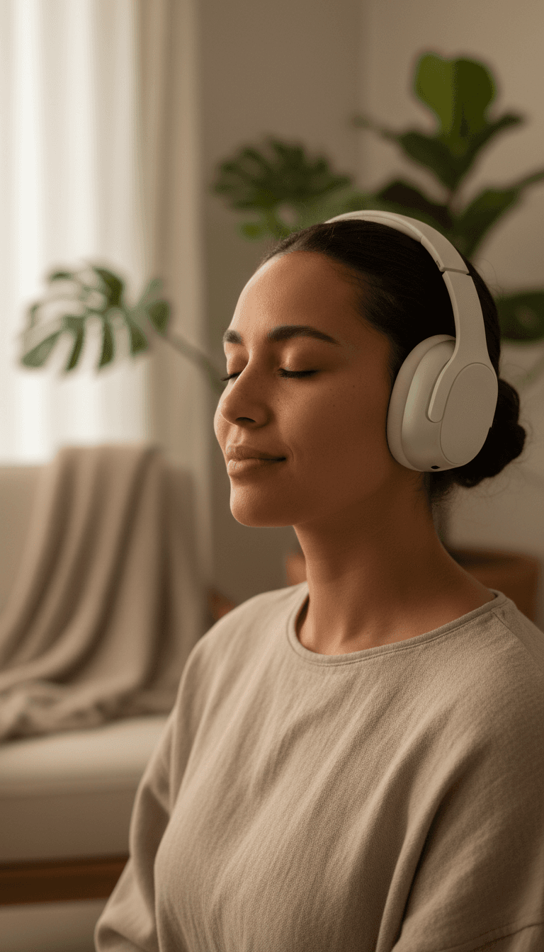 Person experiencing guided audio session in serene setting